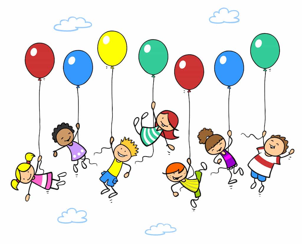 Viele Kinder fliegen mit Luftballons Viele glückliche Kinder fliegen mit Luftballons in den Himmel